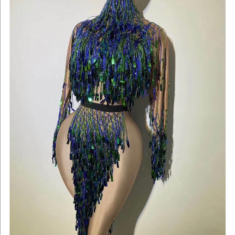 Beautiful green & blue tassel 2 piece dress
